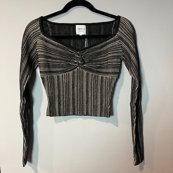 MISA Los Angeles Karen Striped Off-The-Shoulder Crop Top,  Small-Blk/Beige - NWT - Picture 1 of 6